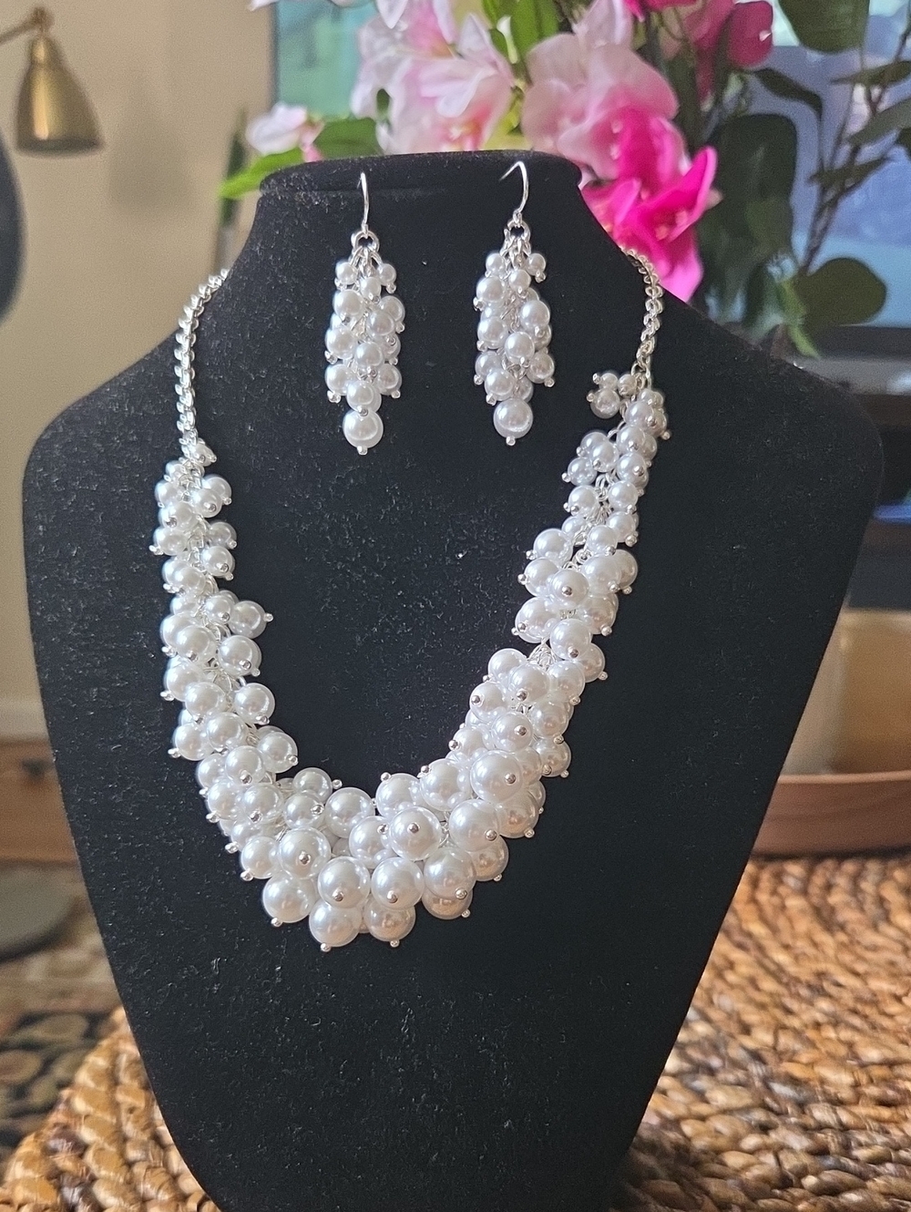 Pearl Cluster Necklace & Earrings Set